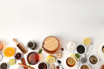 Concept of hot drink with tea on white background