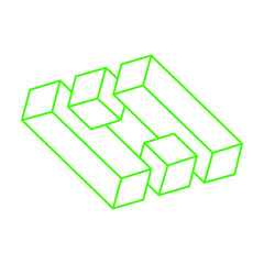 Impossible optical illusion shapes. Logo. Optical art objects. Impossible figure. Line art. Unreal green geometric object.