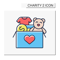 Box color icon. Donation box with used cloth or toys for poor children. Help and support. Volunteering. Charity concept. Isolated vector illustration