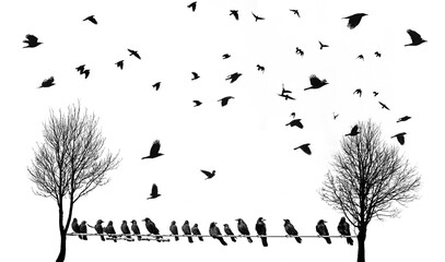 black silhouettes of flying birds and trees