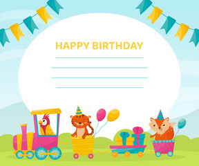 Kids birthday invitation card with cute cartoon animals and place for text vector illustration