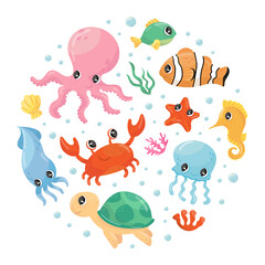 Schattige zeedieren in cirkelvorm. Onderzeese wereldposter, kaart, achtergrondontwerpelement vectorillustratie