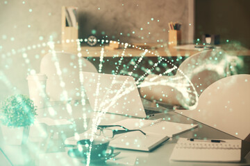 Double exposure of dna drawing and office interior background. Concept of science.