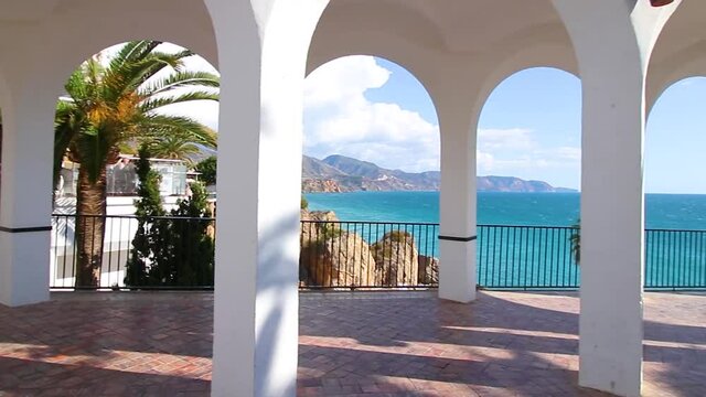 Video of the white arches that adorn the Balcon de Europa in the town of Nerja, Malaga, Andalusia, Spain