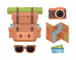 travel set icon with bag, camera, sunglass, maps, ticket vector illustration