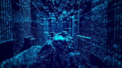 Abstract particle flow in cyberspace. Futuristic 3D portal. Digital technology web flow. Big data visualization. 3d rendering.