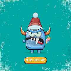 Vector cartoon funky blue monster with Santa Claus red hat holding ice cream isolated on turquoise background. Childrens Merry Christmas greeting card with funny monster elf Santa Claus.