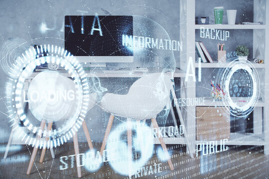 Multi exposure of data theme drawing and office interior background. Concept of technology.