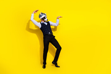 Fototapeta na wymiar Profile photo of carefree funny man dance wear raccoon polygonal mask vest isolated yellow color background