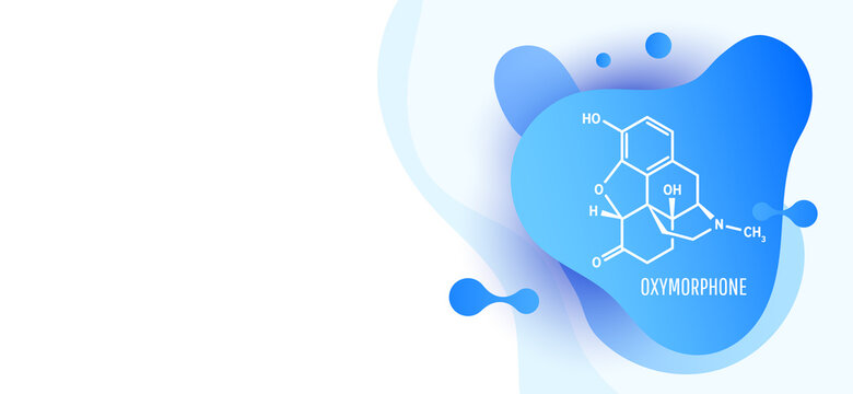 Oxymorphone opioid analgesic drug molecule, skeletal chemical formula with liquid fluid shapes on white background, vector illustration