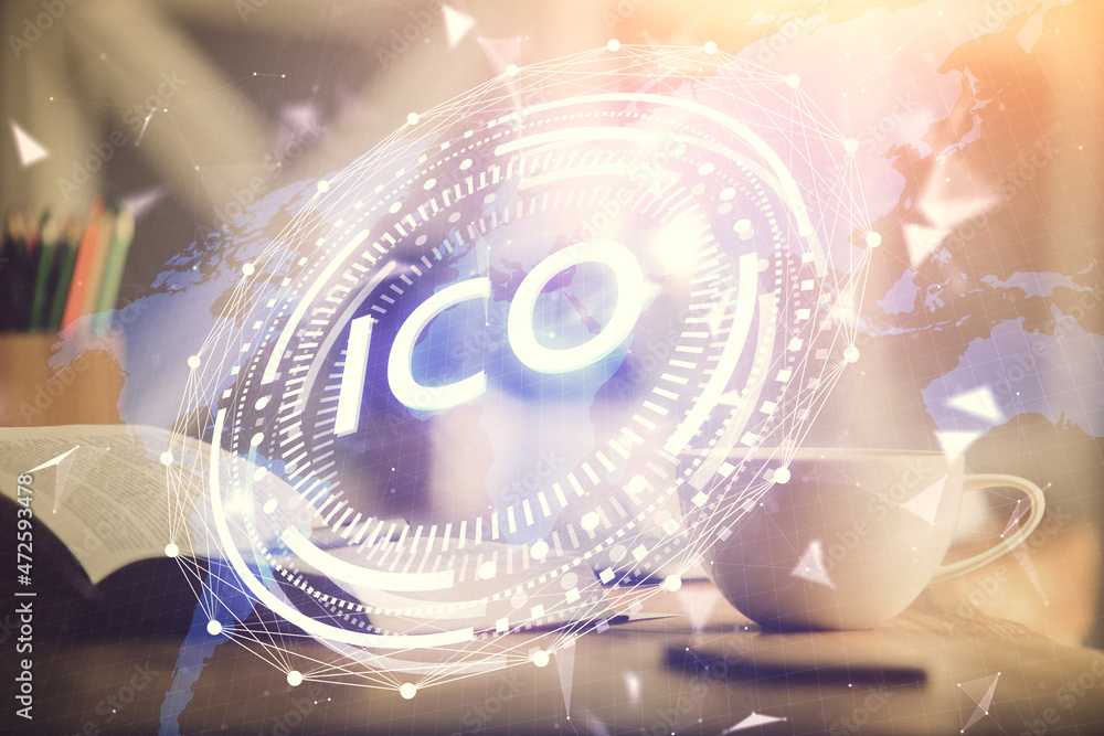 Poster double exposure of crypto technology drawing and desktop with coffee and items on table background. 