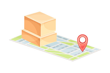 Cardboard parcel box and map with location pin. Parcel delivery service technology vector illustration