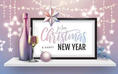 Merry Christmas and happy New Year poster with christmas holiday decorations. Chrisrmas background with string of lights. 3D interior design with black frame on white walll shelf.