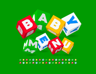 Vector creative template Baby Menu. 3D Playful Font. Colorful childish Alphabet Letters and Numbers set