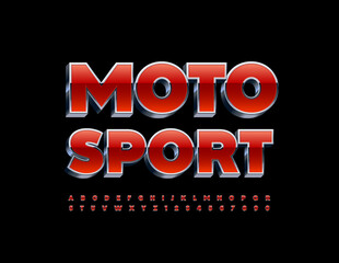 Fototapeta na wymiar Vector bright banner Moto Sport with Red and Metallic Font. Modern style Alphabet Letters and Numbers set