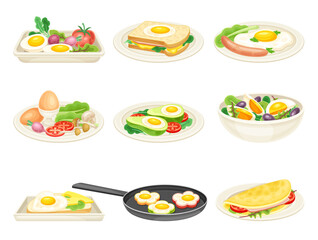 Tasty food dishes for breakfast set. Boiled and fried eggs with vegetables and greenery served on plates vector illustration