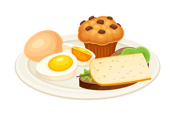 Boiled eggs, sandwich and muffin on plate. Tasty food dish for breakfast vector illustration