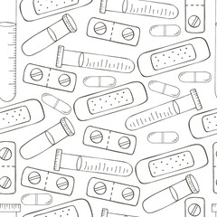 Monochrome medical seamless pattern. Coloring pages, black and white