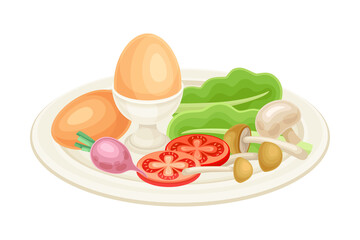 Tasty food dish for breakfast. Boiled egg with mushrooms and vegetables vector illustration