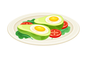 Avocado with fried eggs. Tasty food dish for breakfast vector illustration