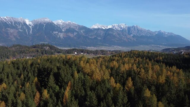 The Inn Valley, Innsbruck, Austria drone shot of fall nature and mountains