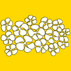 A composition of simple white flowers on a yellow background. The fill of colors protrudes beyond the contour. Black outline. Pattern for textiles and surface design.