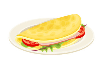 Omelette with vegetables on plate. Tasty food dish for breakfast vector illustration