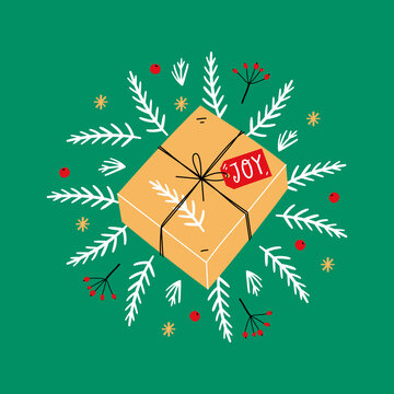 Hand drawn Christmas illustration with gift box. Holiday print, banner, gift tag. 