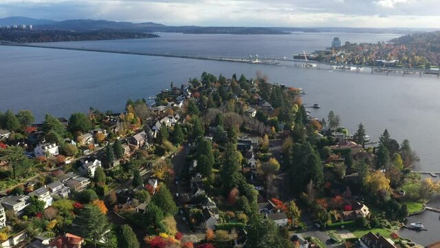 Cinematic 4K aerial drone footage of Laurelhurst, Medina, Evergreen Point Floating Bridge, WA 520, Lake Washington, with Mercer Island in the distance