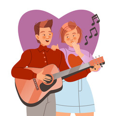 Enamored couple playing guitar and singing together. Happy people in romantic relationships vector illustration