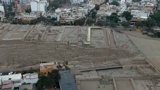 Aerial View Of Huaca Pucllana, A Great Adobe And Clay Pyramid In Miraflores District Of Lima, Peru.