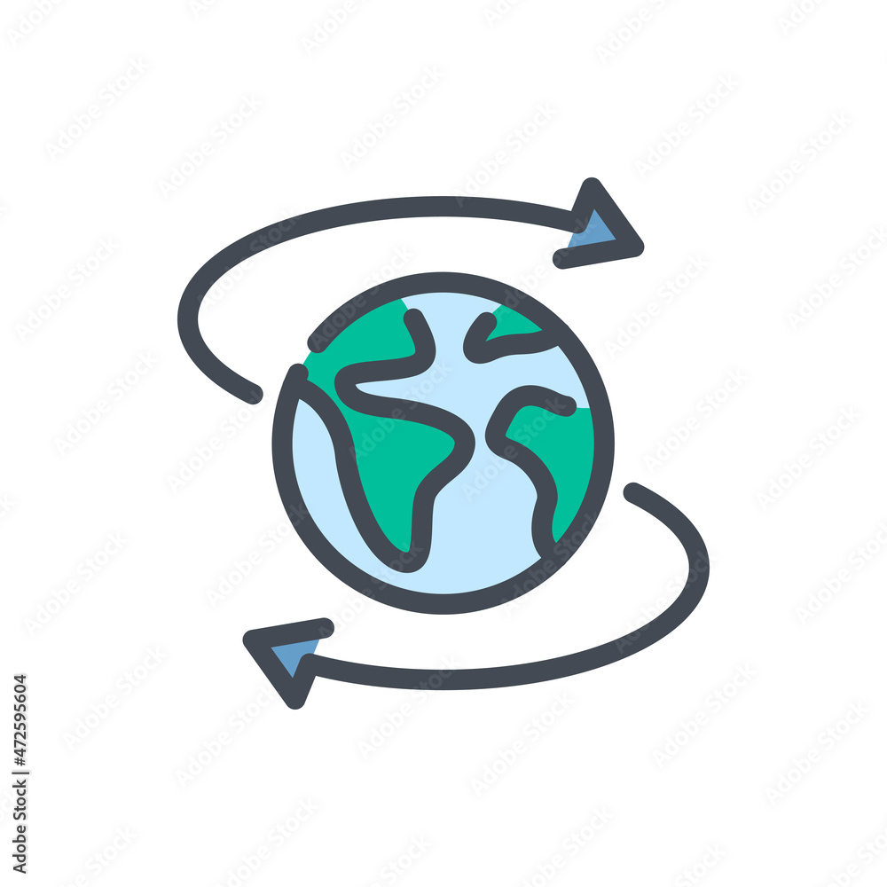 Poster direction of movement of the planet earth color line icon. globe with arrows around vector outline c