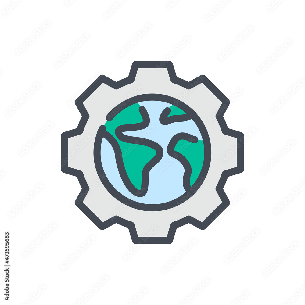 Poster cogwheel with planet earth color line icon. gear and global process vector outline colorful sign.