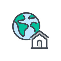 Planet Earth with house building color line icon. Home location on globe vector outline colorful sign.