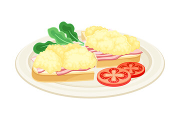 Sandwich with ham and scrambled eggs. Tasty food dish for breakfast vector illustration
