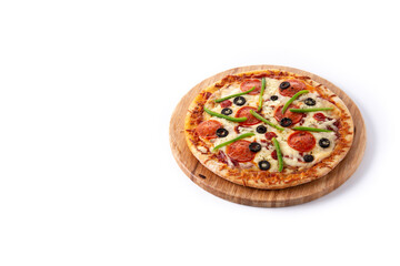 Traditional supreme pizza isolated on white background. Copy space