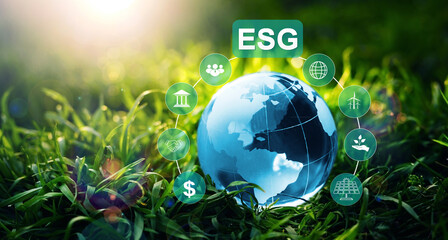 Crystal globe with network connection and ESG icons. Environment social and governance in...