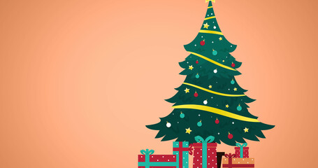 Image of christmas greetings in russian over decorations and christmas tree