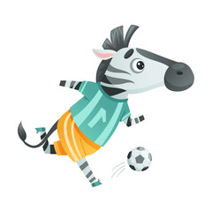 Zebra wild animal playing soccer. Cute football mascot in sports uniform cartoon vector illustration
