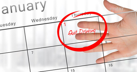 Image of quit drinking in red text and red ring on january 1st on calendar, with hand