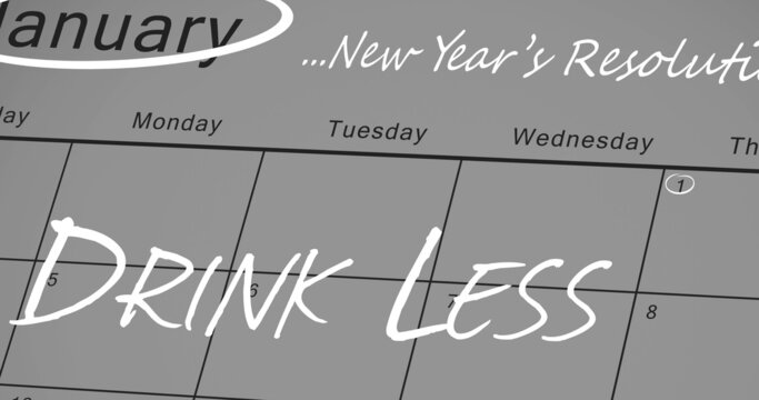 Image of new year's resolution drink less text in white over january calendar