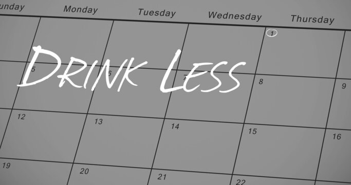 Image of new year's resolution drink less text in white over january calendar