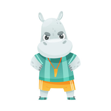 Hippopotamus referee animal blowing whistle. Cute football mascot in sports uniform cartoon vector illustration