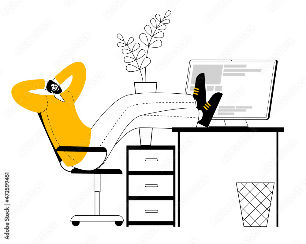 Aufkleber a thoughtful man is sitting at a computer in the office workspace. vector illustration in offline st