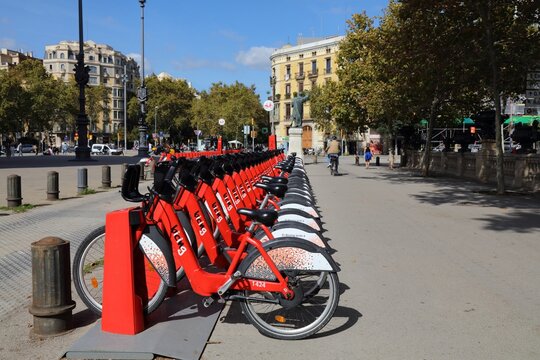 BARCELONA, SPAIN - OCTOBER 7, 2021: Bicing bicycle sharing rental station in Barcelona, Spain. The popular bike sharing system has over 100,000 users.