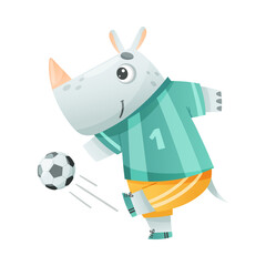 Rhinoceros wild animal playing soccer. Cute football mascot in sports uniform with ball cartoon vector illustration