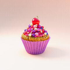 3d cupcake with cream, candies and cherry