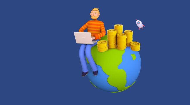 Businessman sits on planet earth with laptop and keeps in touch with pile of coin. commerce international, International business concept. Trendy 3d illustration