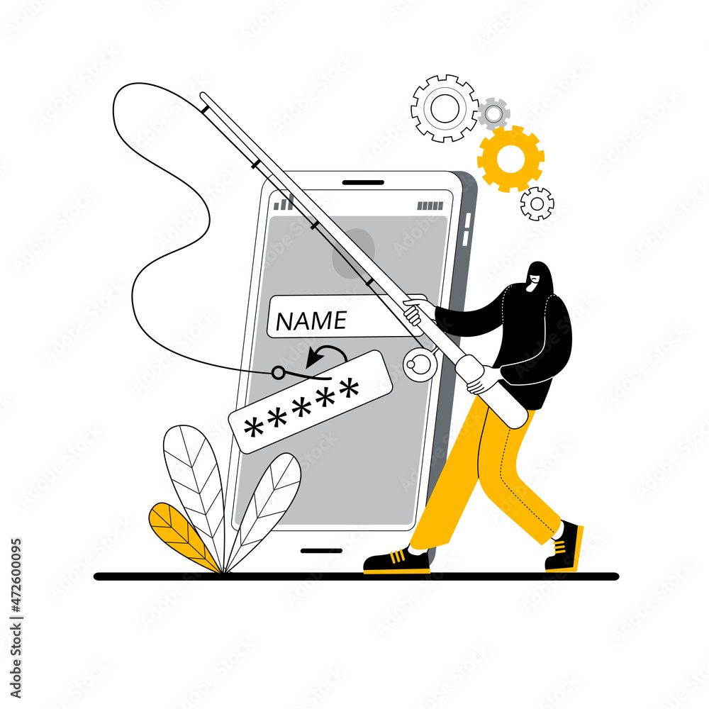 Aufkleber a hacker in a dark hood with a fishing rod catches user passwords on a hook from a mobile phone. con