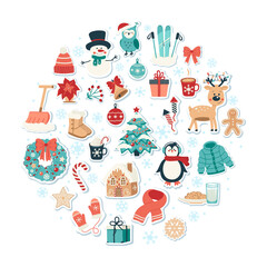 Christmas and New Year elements stickers set in circle shape. Hand drawn vector illustration